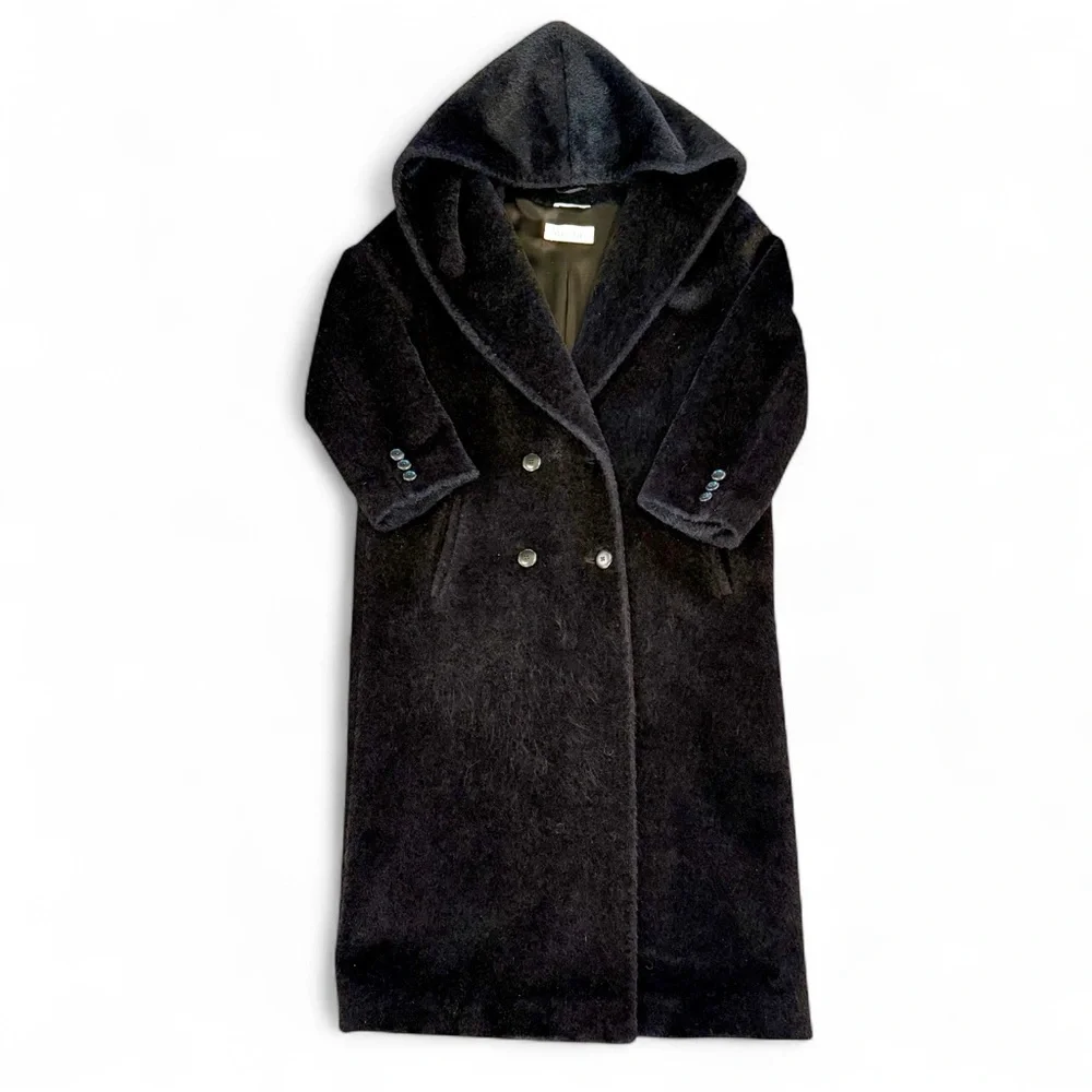 Max Mara Alpaca Wool Hooded Long Coat — Double Breasted, Black, Size 8 - Picture 2 of 12